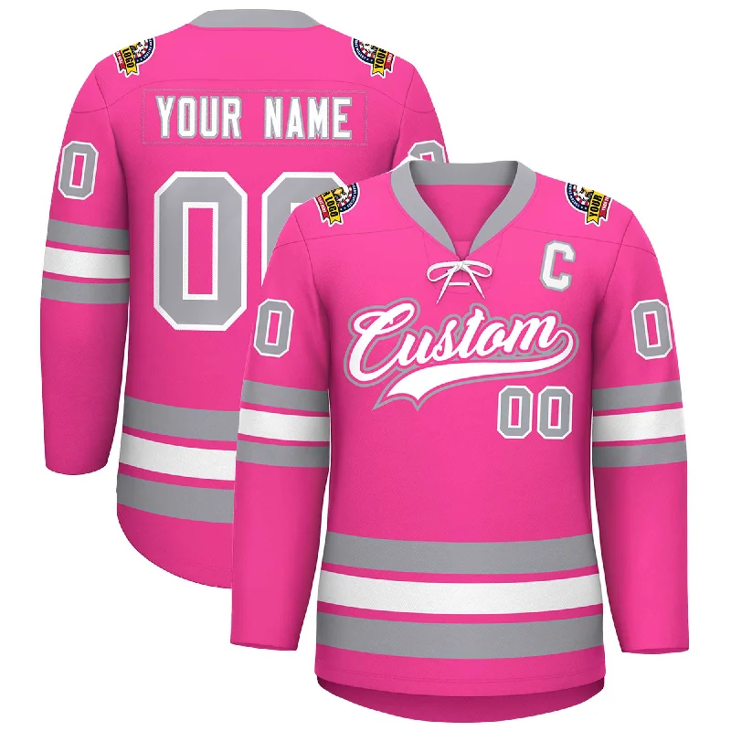 Custom Pink White-Gray Lace-Up Neck Hockey Jersey