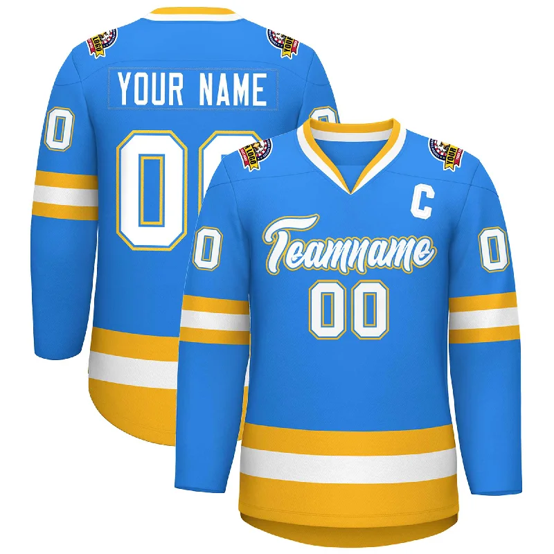 Custom Powder Blue White Powder Blue-Gold Classic Style Hockey Jersey