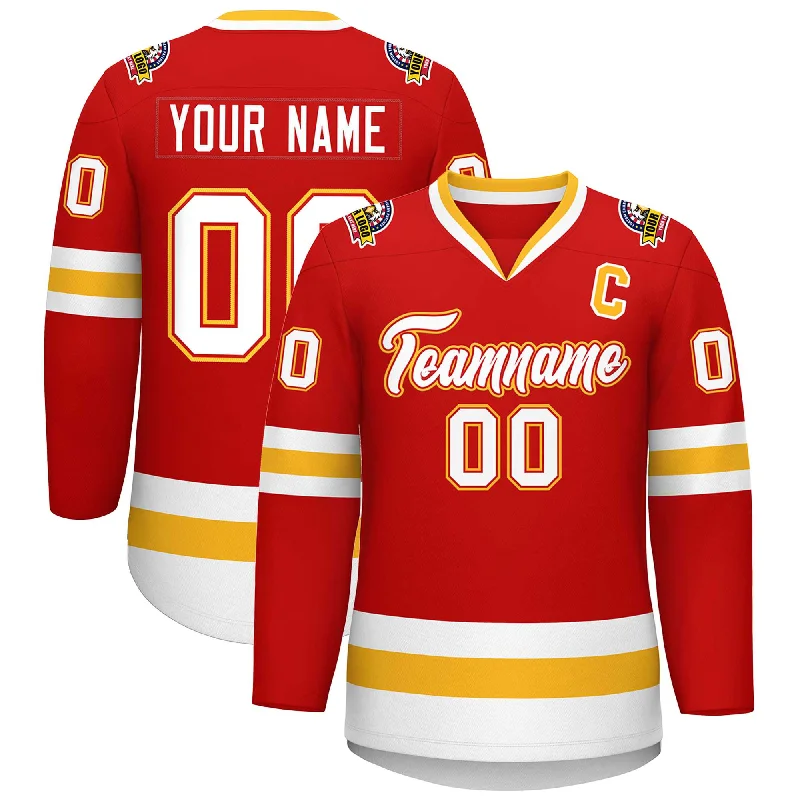 Custom Red White Red-Gold Classic Style Hockey Jersey