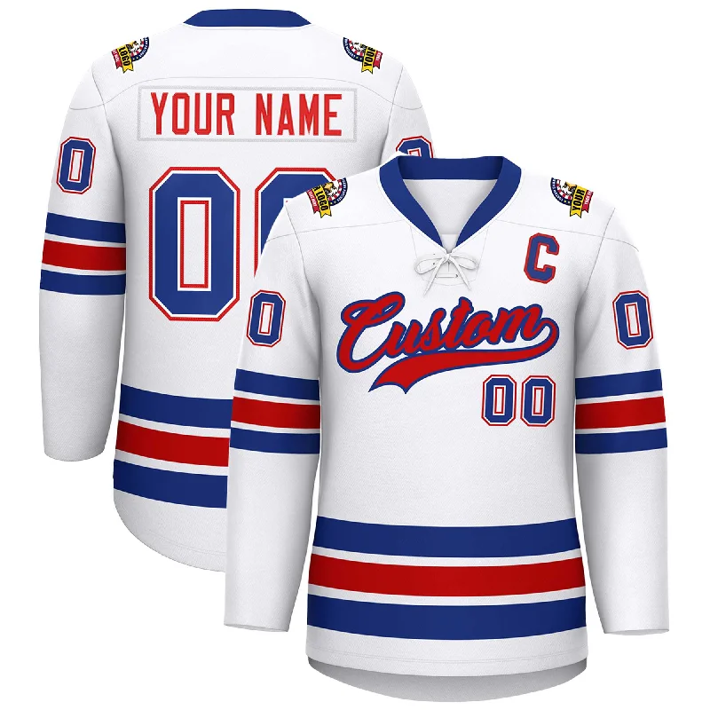 Custom White Royal-Red Lace-Up Neck Hockey Jersey