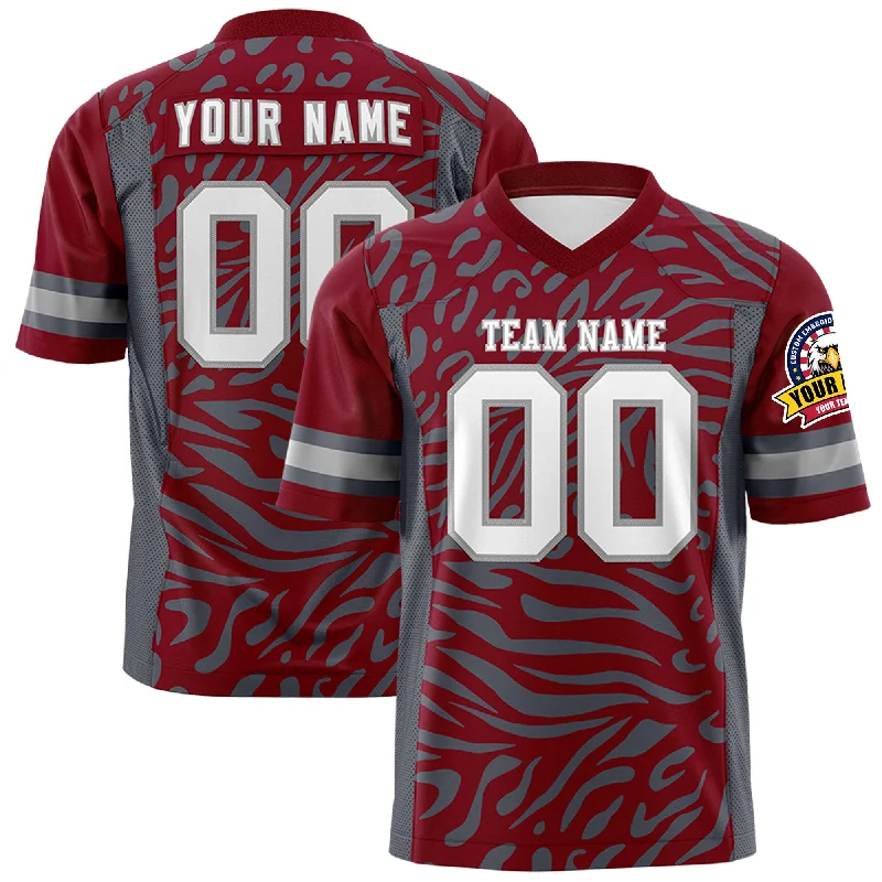 Custom Crimson White-Gray Personalized Zebra Stripes Pattern Authentic Football Jersey