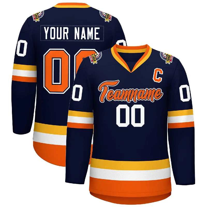 Custom Navy Orange Navy-White Classic Style Hockey Jersey