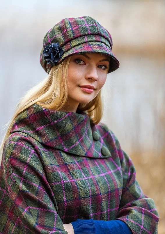 Mucros Newsboy Cap | Olive Pink Check